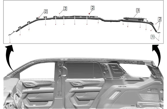 Front and Rear and 3rd Row Roof Rail Airbag Replacement - Right Side — figure 27